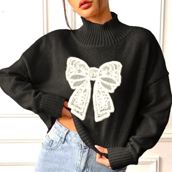 WHITE BOW KNOT XL LONG SLEEVE BLACK CASUAL TURTLENECK SWEATER - Picture 4 of 4